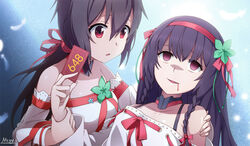  2girls :o aoba_(warship_girls_r) artist_name bare_shoulders black_hair blank_eyes blue_background braid card collar collarbone commentary_request detached_sleeves dress feathers furutaka_(warship_girls_r) hair_between_eyes hairband hand_on_another&#039;s_shoulder holding holding_another&#039;s_wrist holding_card long_sleeves low_ponytail mtyy multiple_girls no_pupils open_mouth photoshop_(medium) pink_eyes purple_eyes purple_hair simple_background twin_braids upper_body warship_girls_r white_dress 