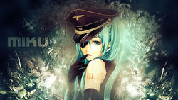  aqua_eyes aqua_hair bare_shoulders blue_eyes blue_hair cap captain elbow eyepatch finger_to_lips finger_to_mouth gloves hat hatsune_miku highres looking_at_viewer military military_hat military_uniform open_mouth smile solo tattoo twintails uniform vocaloid 