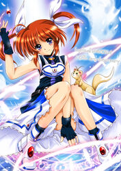  armor armored_boots armored_dress black_gloves blue_eyes blush boots bow brown_hair commentary_request convenient_skirt copyright_name dress english_text female ferret fingerless_gloves gloves hair_ribbon highres looking_at_viewer lyrical_nanoha magic_circle magical_girl mahou_shoujo_lyrical_nanoha mahou_shoujo_lyrical_nanoha_a&#039;s mahou_shoujo_lyrical_nanoha_the_movie_2nd_a&#039;s no_jacket raising_heart raising_heart_(standby_mode) red_bow ribbon san-pon short_twintails sitting smile solo takamachi_nanoha takamachi_nanoha_(exelion_mode) twintails undersuit white_dress white_footwear yuuno_scrya 