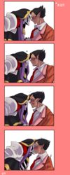  ainz_ooal_gown black_hair blush closed_eyes demiurge ear_piercing hood kissing masiro_(artist) multiple_boys necktie oerba_yun_fang overlord_(maruyama) pinstripe_suit robe skeleton yaoi 