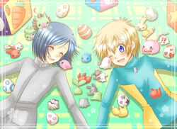  blush chibomon closed_eyes couple digimon digimon_adventure_02 fangs food gloves gradient gradient_background ichijouji_ken leafmon multiple_boys open_mouth smile takaishi_takeru tokomon yaoi 