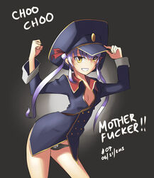  androgynous black_panties buttons character_request commentary conductor dated english_commentary english_text female front-print_panties fushigi_densha hat highres jacket kuso_otoko long_hair no_pants panties peaked_cap print_panties profanity purple_hair solo thomas_the_tank_engine underwear when_you_see_it yellow_eyes 