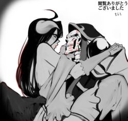  ahoge ainz_ooal_gown albedo black_hair blush carrying dress female gloves hood horns kissing long_hair masiro_(artist) monochrome overlord_(maruyama) robe skeleton translation_request wings 