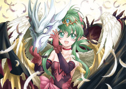  bracelet commentary_request dragon dress female fire_emblem fire_emblem:_mystery_of_the_emblem green_eyes green_hair hair_ornament highres jewelry long_hair looking_at_viewer naka_(nicovideo14185763) photoshop_(medium) pink_dress pink_legwear pointy_ears ponytail smile solo tiara tiki_(fire_emblem) tiki_(young)_(fire_emblem) 