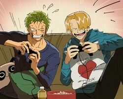  2boys :d alternate_costume alternate_universe blonde_hair candy clenched_teeth commentary competition curly_eyebrows food game_console green_hair hair_over_one_eye hood hoodie lollipop long_sleeves male_focus multiple_boys one_piece playing_games roronoa_zoro runa_(nori31291404) sanji_(one_piece) scar scar_across_eye smile teeth 