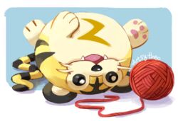  artsy-theo black_eyes blue_background commentary english_commentary fangs full_body kotora_(pokemon) lying no_humans on_back pokemon pokemon_(creature) pokemon_gsc pokemon_gsc_(prototype) prototype_design simple_background solo upside-down yarn yarn_ball 