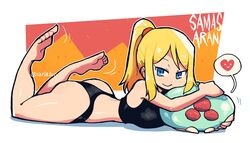  absurdres ass barefoot black_panties blonde_hair blue_eyes breasts character_name crop_top feet female heart highres jaggy_lines legs_up looking_at_viewer lying metroid metroid_(creature) mole mole_under_mouth on_stomach panties ponytail rariatto_(ganguri) samus_aran smile soles spoken_heart super_metroid the_pose toes underwear 