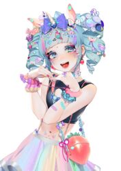  :d absurdres animal_ears bad_id bad_pixiv_id bandaid bandaid_on_arm bare_shoulders beads berry_(shining_star) black_shirt blue_eyes blue_hair commentary_request contrapposto crop_top decora drill_hair earrings eyelashes eyeshadow facial_mark fangs female food-themed_bag food-themed_earrings glitch hair_ornament hairclip hands_up head_tilt heart heart_arms highres horns jewelry korean_text long_hair looking_at_viewer makeup midriff multicolored_hair nail_art nail_polish navel ohisashiburi open_mouth partial_commentary piercing pink_hair purple_hair red_nails shining_star shirt simple_background single_horn sleeveless sleeveless_shirt smile solo standing stomach strawberry_bag strawberry_earrings tongue_piercing twin_drills twintails unicorn upper_body white_background 