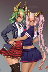  2girls alternate_breast_size blazer blush breasts brown_legwear butt_crack buttons colored_eyelashes cowboy_shot dark-skinned_female dark_skin fire_emblem fire_emblem_heroes frilled_shirt frilled_shirt_collar frills gold_trim gradient_background gradient_hair green_hair hair_between_eyes hand_on_another&#039;s_hip hand_on_own_hip jacket laegjarn_(fire_emblem) laevatein_(fire_emblem) large_breasts lindaroze lips lipstick long_hair looking_at_viewer makeup medium_hair midriff_peek miniskirt multicolored_hair multiple_girls neckerchief orange_hair patreon_username pink_hair pink_lips pleated_skirt purple_lips red_eyes red_neckerchief red_ribbon red_skirt ribbon school_uniform shadow shirt siblings sisters skirt thighhighs thighs twintails twitter_username two-tone_hair very_long_hair white_neckerchief zettai_ryouiki 