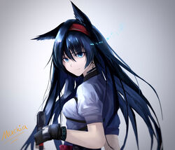  absurdres animal_ears arknights black_gloves blaze_(arknights) blue_eyes blue_hair breasts cat_ears commentary female gloves grey_background grey_shirt hair_between_eyes hairband highres long_hair looking_at_viewer mackia puffy_short_sleeves puffy_sleeves red_hairband shirt short_sleeves small_breasts smile solo upper_body 