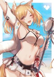  absurdres ahoge animal_ears arknights arm_up beach bikini blonde_hair commentary_request cowboy_shot female flower hair_flower hair_ornament highres holding holding_microphone jacket looking_at_viewer medium_hair microphone miniskirt navel oerba_yun_fang official_alternate_costume one_eye_closed open_clothes open_jacket orange_eyes outdoors skirt solo sora_(arknights) sora_(summer_flowers)_(arknights) standing swimsuit swimsuit_cover-up tail tied_hair tsyn white_bikini white_jacket white_skirt wolf_ears wolf_tail 