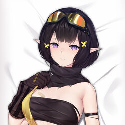  arknights arm_strap bandaid bandaid_on_breast black_gloves black_hair black_scarf black_shirt breasts butterfly_hair_ornament cirnos eunectes_(arknights) female gloves goggles goggles_on_head hair_ornament hand_up looking_at_viewer lying medium_breasts on_back on_bed pointy_ears purple_eyes ribbon scarf shirt short_hair smile solo strapless torn_clothes torn_shirt tube_top white_background yellow_ribbon 