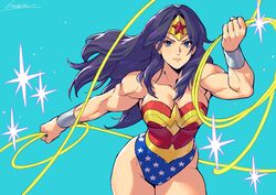  animification bare_shoulders black_hair blue_eyes bracelet breasts cleavage closed_mouth collarbone cowboy_shot dc_comics female fighting_stance hand_up highres holding_lasso jewelry kotatsu_(g-rough) lasso lasso_of_truth lips long_hair looking_at_viewer medium_breasts muscular muscular_female parted_bangs revealing_clothes signature simple_background solo sparkle star_(symbol) star_print superhero_costume thighs tiara wide_hips wonder_woman wonder_woman_(series) 