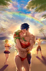  2boys 2girls ahoge alternate_costume back ball beachball bikini bikini_skirt blue_hair blue_sky blush bracelet breasts cleavage cloud commentary english_commentary family father_and_daughter father_and_son fire_emblem fire_emblem_awakening fire_emblem_heroes green_hair hair_ornament holding holding_ball hug hug_from_behind husband_and_wife jewelry kissing kissing_cheek krazehkai large_breasts long_hair male_swimwear morgan_(female)_(fire_emblem) morgan_(fire_emblem) morgan_(male)_(fire_emblem) mother_and_daughter mother_and_son multiple_boys multiple_girls muscular muscular_male navel official_alternate_costume official_alternate_hair_color open_mouth outdoors parent_and_child pointy_ears ponytail purple_bikini rainbow red_bikini ring robin_(fire_emblem) robin_(male)_(fire_emblem) sand short_hair skirt sky smile stomach straight sunlight swim_trunks swimsuit tiki_(adult)_(fire_emblem) tiki_(adult)_(summer)_(fire_emblem) tiki_(fire_emblem) topless_male water wedding_ring 