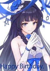  absurdres bare_shoulders blue_eyes blue_flower blue_hair blue_ribbon blush braid breasts closed_mouth collarbone decorations dress female fingers_together flower gloves hair_flower hair_ornament happy_birthday highres honkai_(series) honkai_impact_3rd kai1up long_hair looking_at_viewer raiden_mei raiden_mei_(valkyrie_bladestrike) ribbon sleeveless sleeveless_dress small_breasts smile solo star_(symbol) streamers white_background white_dress white_gloves 