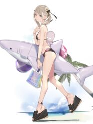  ama_mitsuki bag beach bikini black_bikini blonde_hair blue_eyes blush bracelet breasts closed_mouth cloud day feet female flat_chest flower from_side hair_flower hair_ornament hair_ribbon halterneck highres holding inflatable_shark inflatable_toy jewelry legs long_hair looking_at_viewer looking_to_the_side ocean original outdoors palm_tree ribbon sand sandals shark sky small_breasts solo standing string_bikini swimsuit toenails toes tree twintails water 