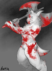  abs anthro axe battle_axe blood blood_on_face blood_on_hand blood_splatter bodily_fluids fur furred_kobold furred_scalie hi_res horn insane kobold kotia male muscular muscular_anthro muscular_male nude pecs scalie simple_background solo tail teeth triceps weapon white_body white_fur 