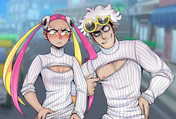  1boy alternate_costume bags_under_eyes black_hair blonde_hair blush breasts cleavage cleavage_cutout clothing_cutout evil_grin evil_smile eyelashes eyeshadow eyewear_on_head female glasses grin guzma_(pokemon) hair_ornament hand_on_own_hip long_eyelashes long_hair looking_at_another looking_at_viewer makeup meme_attire messy_hair multicolored_hair nipples open-chest_sweater parted_lips pectoral_cleavage pectorals pink_hair plumeria_(pokemon) pokemon pokemon_sm purple_eyeshadow quad_tails skull_hair_ornament sleeve_rolled_up smile sweatdrop sweater team_skull tesazombie thick_eyelashes twintails two-tone_hair v-shaped_eyebrows white_eyeshadow white_hair white_sweater yellow_eyes 