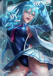  amasaki_yusuke blazer blue_eyes blue_hair breasts covered_nipples dead_or_alive dead_or_alive_6 electricity female fingerless_gloves glasses gloves grey_skirt highres jacket leotard leotard_under_clothes looking_to_the_side medium_breasts necktie nico_(doa) open_hands open_mouth red_necktie short_hair skirt solo suspender_skirt suspenders 