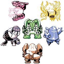  commentary english_commentary full_body multiple_monochrome no_humans pat_attackerman pixel_art pokemon pokemon_(creature) pokemon_rgby pokemon_rgby_(style) regice regidrago regieleki regigigas regirock registeel simple_background white_background 