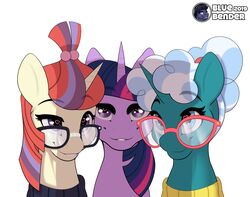  2019 absurd_res bellflower_blurb_(mlp) blue_bender clothing digital_media_(artwork) equid equine eyewear female friendship_is_magic glasses group hasbro heart_eyes heart_symbol hi_res horn looking_at_viewer mammal moondancer_(mlp) my_little_pony mythological_creature mythological_equine mythology purple_eyes shadow simple_background smile twilight_sparkle_(mlp) unicorn white_background 