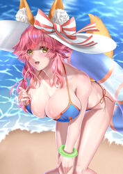  absurdres animal_ear_fluff animal_ears beach bikini blue_bikini breasts cleavage collarbone day ears_through_headwear fate/grand_order fate_(series) female fox_ears fox_girl fox_tail hat highres innertube kamehito large_breasts looking_at_viewer ocean open_mouth outdoors pink_hair ribbon side-tie_bikini_bottom solo sun_hat swim_ring swimsuit tail tamamo_(fate) tamamo_no_mae_(swimsuit_lancer)_(fate) tamamo_no_mae_(swimsuit_lancer)_(third_ascension)_(fate) yellow_eyes 