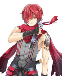  1boy absurdres alternate_costume bishounen fate/grand_order fate_(series) fuuma_kotarou_(fate) highres kunai looking_at_viewer male_focus ninja okuno_naru_(exoprsa) red_eyes red_hair red_scarf scarf shirt short_hair shoulder_tattoo simple_background sleeveless sleeveless_shirt smile solo tattoo upper_body weapon 