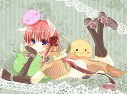  :3 animal_ears blush boots bow brown_capelet brown_footwear brown_gloves brown_skirt capelet closed_mouth commentary_request drops_(ragnarok_online) female fingerless_gloves full_body gloves hair_between_eyes hairbow head_rest long_hair looking_at_viewer lying musical_note nia_(littlestars) on_stomach pink_hair poporing poring purple_eyes ragnarok_online red_bow sage_(ragnarok_online) skirt slime_(creature) striped_capelet striped_clothes striped_footwear striped_gloves striped_skirt the_pose 