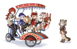  1boy 4girls :3 :d ahoge alternate_costume animal_ear_fluff animal_ears animal_hood aqua_eyes backpack bag bandaged_leg bandages bangs_pinned_back baron_bunny_(genshin_impact) bead_necklace beads bicycle black_pants black_scarf blonde_hair blunt_bangs blush_stickers boots brown_footwear brown_gloves brown_scarf cabbie_hat candy carousel casual cat_ears cat_girl character_doll chinese_clothes clover_print contemporary craytm diluc_(genshin_impact) diona_(genshin_impact) empty_eyes fake_animal_ears fake_tail food forehead full_body genshin_impact gloves grey_hair guoba_(genshin_impact) hair_between_eyes hair_ribbon hat hat_feather hat_ornament highres hilichurl_(genshin_impact) holding holding_candy holding_food hood indonesia japanese_clothes jewelry jiangshi klee_(genshin_impact) knee_boots kneehighs leaf leaf_on_head light_brown_hair lollipop long_hair long_sleeves looking_at_viewer low_ponytail low_twintails multiple_girls necklace ninja ofuda open_mouth orange_eyes paimon_(genshin_impact) pants pink_hair pocket pointy_ears primogem purple_eyes purple_hair qingdai_guanmao qiqi_(genshin_impact) raccoon_tail randoseru red_eyes red_hair ribbon riding sayu_(genshin_impact) scarf shirt shoes short_hair short_sleeves shorts sidelocks simple_background smile socks standing t-shirt tail thick_eyebrows thighhighs towel towel_around_neck twintails white_background white_legwear 