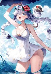  absurdres anastasia_(fate) anastasia_(swimsuit_archer)_(fate) anastasia_(swimsuit_archer)_(second_ascension)_(fate) bare_shoulders blue_eyes blush bow braid breasts cleavage collarbone doll dress dress_swimsuit fate/grand_order fate_(series) female flower_wreath hair_over_one_eye hairbow head_wreath highres large_breasts long_hair looking_at_viewer misaki346 ocean open_mouth parasol smile thighs twin_braids umbrella very_long_hair viy_(fate) wading white_dress white_hair 