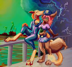  anthro canid canine captain_hat clothing drinking duo electricity female hi_res hug hurricane hybrid kangaroo latex latex_clothing latex_skinsuit lightning love macropod male male/female mammal marsupial miyuka romantic romantic_couple rubber_clothing sea sergal ship skinsuit storm tail tama-tama tight_clothing vehicle water watercraft 