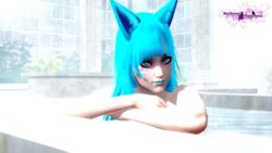  3d animal_ears animal_humanoid black_eyebrows blue_eyes blue_hair blue_hair_female blue_lips blue_lipstick eyeshadow face_tattoo female_only fox_girl fox_humanoid foxear make_up makeup naked naked_female neekumari nude nude_female riaykuras_playground sauna tattoo tattoo_on_face 