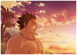  1boy bara batsu_ichimonji beach capcom detailed_background gay kamos male male_only muscular muscular_male nipples relaxing rival_schools solo sunset yaoi 