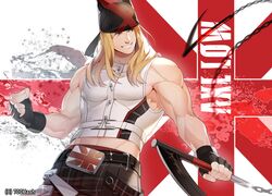  1boy 700hash absurdres axl_low bandana black_gloves blonde_hair blue_eyes fingerless_gloves gloves guilty_gear guilty_gear_strive highres kama_(weapon) kusarigama long_hair looking_to_the_side male_focus muscular muscular_male sickle union_jack upper_body weapon 