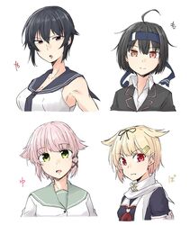  4girls ahoge alternate_hair_length alternate_hairstyle black_hair black_necktie black_sailor_collar black_serafuku blazer brown_eyes closed_mouth collared_shirt green_eyes grey_sailor_collar hair_between_eyes hair_flaps hair_ornament hair_ribbon hairclip hatsushimo_(kancolle) hatsushimo_kai_ni_(kancolle) highres jacket kantai_collection multiple_girls neckerchief necktie oerba_yun_fang open_mouth red_eyes red_neckerchief red_ribbon ribbon rindou_(rindou_annon) sailor_collar scarf school_uniform serafuku shirt short_hair short_sleeves simple_background sleeveless smile white_background white_scarf white_shirt yahagi_(kancolle) yura_(kancolle) yuudachi_(kancolle) yuudachi_kai_ni_(kancolle) 