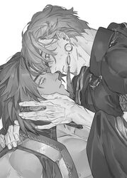  2boys bara bbbb_fex bhima_(fate) blank_stare blush couple dark-skinned_male dark_skin duryodhana_(fate) earrings empty_eyes eye_contact facial_hair fate/grand_order fate_(series) from_side goatee_stubble greyscale hand_on_another&#039;s_cheek hand_on_another&#039;s_face highres imminent_kiss jewelry long_hair looking_at_another male_focus monochrome multiple_boys muscular muscular_male nipple_slip nipples pectoral_cleavage pectorals short_hair siblings single_earring stubble thick_eyebrows yaoi 