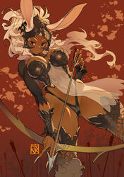  animal_ears arrow_(projectile) bow_(weapon) breasts brown_theme cleavage commentary dark-skinned_female dark_skin dutch_angle ears_through_headwear english_commentary female final_fantasy final_fantasy_xii fingernails fran_(ff12) helmet highres holding holding_weapon large_breasts long_fingernails long_hair looking_at_viewer navel poch4n rabbit_ears red_eyes revealing_clothes solo standing thighhighs viera weapon white_hair 