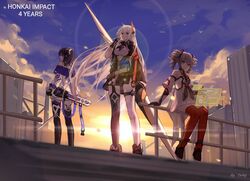  3girls bare_shoulders black_footwear black_gloves black_jacket black_legwear blue_eyes blue_sky bronya_zaychik bronya_zaychik_(drive_kometa) bronya_zaychik_(yamabuki_armor) building commentary_request dress drill_hair full_body gloves grey_eyes grey_hair hair_between_eyes hair_ornament heterochromia highres holding holding_polearm holding_sword holding_weapon holographic_interface honkai_(series) honkai_impact_3rd jacket katana kiana_kaslana kiana_kaslana_(void_drifter) lance long_hair looking_at_viewer looking_back multiple_girls outdoors polearm ponytail purple_eyes purple_hair raiden_mei raiden_mei_(striker_fulminata) red_legwear sheath shoes single_thighhigh sitting sky sneakers spear standing sun sunrise sword thighhighs tsohg twin_drills weapon white_dress white_hair white_jacket yellow_eyes zettai_ryouiki 