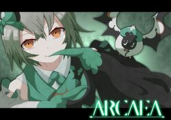  arcaea ayu_(arcaea) bat_(animal) bow collared_shirt commentary_request copyright_name detached_sleeves female green_bow green_ribbons grey_hair hairbow hand_to_own_mouth letterboxed looking_at_viewer neck_ribbon ribbon shirt shishiku short_hair smile solo white_shirt yellow_eyes 