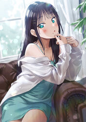  :o aqua_dress aqua_eyes black_hair blunt_bangs blush dress female hair_ornament highres kurosawa_dia long_hair looking_at_viewer love_live! love_live!_sunshine!! mole mole_under_mouth off_shoulder shirt sitting sleeveless sleeveless_dress solo sonsoso white_shirt x_hair_ornament 