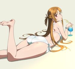  ass asuna_(sao) barefoot bikini bracelet braid brown_eyes brown_hair cup drinking_glass drinking_straw feet feet_up female jewelry legs long_hair looking_at_viewer looking_back lying on_stomach puge short_ponytail side-tie_bikini_bottom simple_background soles solo swimsuit sword_art_online the_pose toes very_long_hair white_bikini 