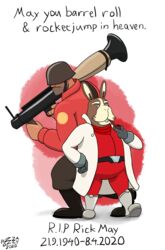  2020 actor_allusion anthro armor boots brown_body brown_fur clothing duo english_text footwear fur gloves handwear hare headgear helmet hi_res human lagomorph leporid male mammal nintendo peppy_hare pizzaozzy_(artist) rabbit ranged_weapon red_clothing red_eyes red_topwear rocket_launcher simple_background soldier_(team_fortress_2) standing star_fox team_fortress_2 text topwear valve weapon white_background 