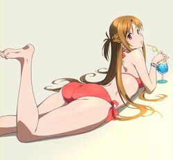  ass asuna_(sao) bikini bracelet braid brown_eyes brown_hair cup drinking_glass drinking_straw feet feet_up female jewelry legs long_hair looking_at_viewer looking_back lying on_stomach puge red_bikini short_ponytail side-tie_bikini_bottom simple_background soles solo swimsuit sword_art_online the_pose toes very_long_hair 