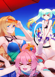  &gt;_&lt; 3girls :&lt; armpits beach beach_umbrella bianka_durandal_ataegina bianka_durandal_ataegina_(valkyrie_gloria) bikini black_bikini blonde_hair blue_eyes blue_hair blue_sky closed_mouth day eyewear_on_head freze hair_between_eyes hair_bun highres holding holding_removed_eyewear honkai_(series) honkai_impact_3rd liliya_olenyeva long_hair looking_at_viewer lying multiple_girls ocean on_side open_mouth outdoors pink_hair rozaliya_olenyeva sand siblings single_hair_bun sitting sky starfish_hair_ornament summer summer_uniform sunglasses swimsuit tail tail_pull teeth twins twintails umbrella unworn_eyewear white_bikini 