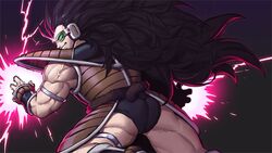  1boy bara black_hair dragon_ball dragon_ball_z energy evil_smile from_behind green-tinted_eyewear highres long_hair looking_back male_focus male_underwear_lift monkey_tail muscular muscular_male no_alert2038 raditz red_lightning saiyan saiyan_armor scouter smile solo spiked_hair tail thick_eyebrows thick_thighs thighs tinted_eyewear veins veiny_arms 