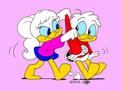  2016 4:3 absurd_res anatid anseriform anthro avian billy_&amp;_friends billy_(joaoppereiraus) bird blue_eyes clothed clothing clovershroom digital_media_(artwork) duck duo female hair hi_res holding_clothing holding_object holding_shirt holding_topwear jill_(joaoppereiraus) joaoppereiraus male male/female pink_background pink_clothing pink_shirt pink_topwear red_clothing red_shirt red_topwear shirt simple_background text topwear white_body 