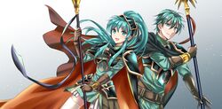  1boy absurdres armor belt blue_armor blue_eyes blue_hair blue_skirt breastplate brother_and_sister brown_gloves cape closed_mouth cosplay earrings eirika_(fire_emblem) eirika_(pledged_restorer)_(fire_emblem) ephraim_(fire_emblem) ephraim_(fire_emblem)_(cosplay) female fire_emblem fire_emblem:_the_sacred_stones fire_emblem_heroes gloves hair_between_eyes hair_ornament helm helmet highres jewelry kakiko210 looking_at_viewer open_mouth pauldrons polearm ponytail red_cape shoulder_armor siblings skirt smile spear thighhighs twins weapon 