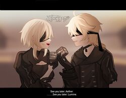  1boy aether_(genshin_impact) bangs black_dress blindfold blonde_hair blush braid cosplay dress eyebrows_visible_through_hair female genshin_impact gloves hair_between_eyes hair_ornament highres long_hair long_sleeves looking_at_viewer lumine_(genshin_impact) nier nier_(series) nier_automata open_mouth oxygen_(0220) simple_background single_braid sword weapon yorha_no._2_type_b yorha_no._2_type_b_(cosplay) yorha_no._9_type_s yorha_no._9_type_s_(cosplay) 