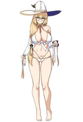  aesc_(fate) aesc_(rain_witch)_(fate) alternate_breast_size ass_visible_through_thighs bare_shoulders barefoot bikini blonde_hair blue_eyes blush braid breasts cleavage collarbone detached_sleeves fate/grand_order fate_(series) female full_body glasses gold_trim hat highres large_breasts long_hair looking_at_viewer muta_poo navel revision round_eyewear side_ponytail smile solo swimsuit very_long_hair white_hat witch_hat 