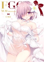  blush breasts cleavage clothes_lift comiket_93 cover cover_page dress dress_lift fate/grand_order fate_(series) female flower gloves hair_flower hair_ornament hair_over_one_eye high_heels highres large_breasts looking_at_viewer mash_kyrielight mash_kyrielight_(formal_dress) miko_(royal_milk) neck_ribbon official_alternate_costume purple_eyes ribbon see-through short_hair solo white_dress white_footwear white_gloves 